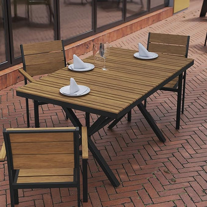 Flash Furniture Finch Commercial Grade X-Frame Outdoor Dining Table 59" x 35.5" with Faux Teak Poly Slats and Metal Frame, Natural/Gray