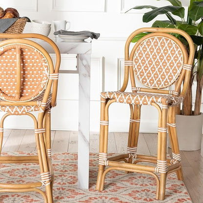 Bali & pari Mattie Rattan Bistro Counter Stool - Handwoven Accent Seating with Backrest for Kitchen Island or Indoor/Outdoor Lounge, Honey Natural & White