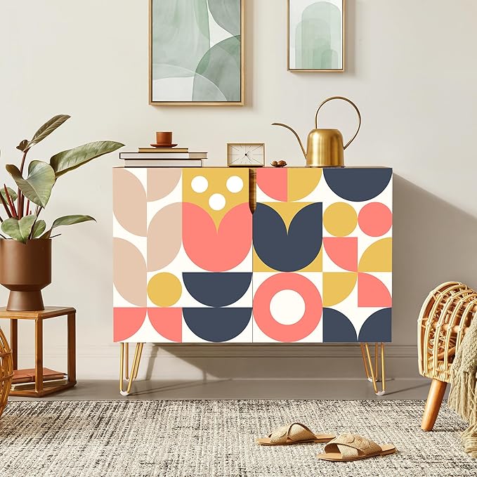 SIGNWIN Sideboard Buffet Cabinet, Kitchen Storage Cabinet with 2 Doors, Mid-Century Vibrant Polygon Pattern, Cupboard Console Table for Dining Room - 35" L x 18" W x 29" H