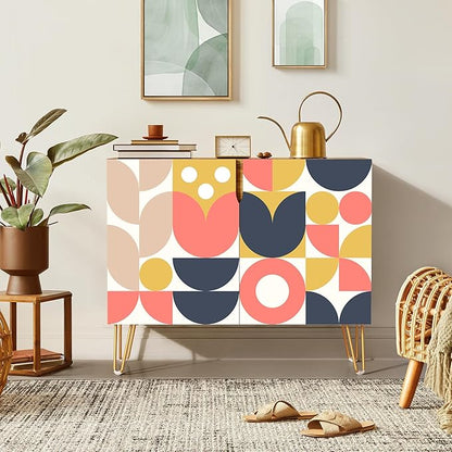 SIGNWIN Sideboard Buffet Cabinet, Kitchen Storage Cabinet with 2 Doors, Mid-Century Vibrant Polygon Pattern, Cupboard Console Table for Dining Room - 35" L x 18" W x 29" H