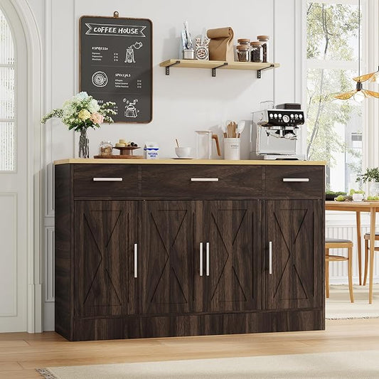 Shintenchi Buffet Cabinet with Storage,53.4" Large Kitchen Storage Cabinet with 3 Drawers and 4 Doors,Wood Farmhouse Buffet Sideboard with Adjustable Shelf for Kitchen Living Room, Brown
