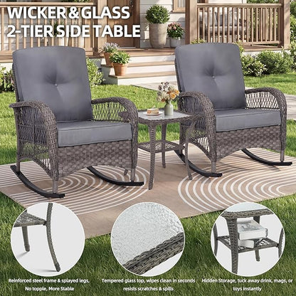 MEETWARM Wicker Outdoor Side Table, All-Weather Patio Rattan Side Table with Tempered Glass Top and Storage Shelf, Small Patio End Table for Outside Indoor Outdoor Balcony Porch Deck, Gray