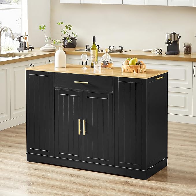 GOWE 53'' Kitchen Storage Islands with Drawers and Trash Can Storage for Kitchen & Dining. Modern Farmhouse Design, Black, 53.2" W x 20.9" D x 38.0" H.