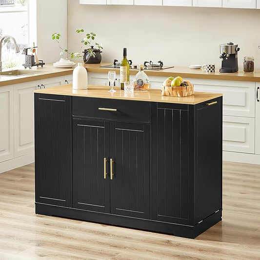 GOWE 53'' Kitchen Storage Islands with Drawers and Trash Can Storage for Kitchen & Dining. Modern Farmhouse Design, Black, 53.2" W x 20.9" D x 38.0" H.