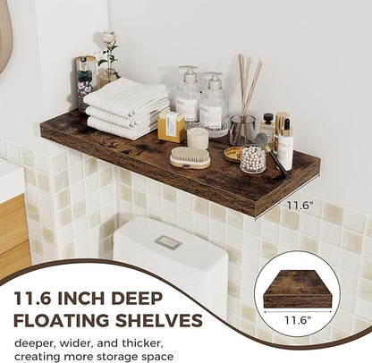 Fun Memories 12 Deep Floating Shelves for Wall | 30W x 12D Large Floating Shelves | 3 Pack Storage Space Wall Mount Shelf for Living Room Bathroom Toilet Laundry Room Kitchen Home Office - Brown