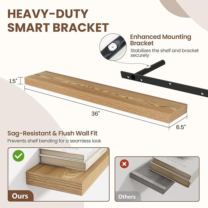Acovy 36 Inch Floating Shelves for Wall 2 Pack, 36" Wall Shelves for Books, Storage, Decor, Wall Mounted Floating Shelf with Invisible Brackets for Kitchen, Living Room, Light Brown