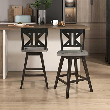 Lexicon Counter Height Stools Set of 2-Solid Wood Frame 360° Swivel Wooden Stools, Foot Rest, KK Back, Wide Seat, Distressed Farmhouse Easy to Clean Finish, 24" SH, Antique Black/Grey