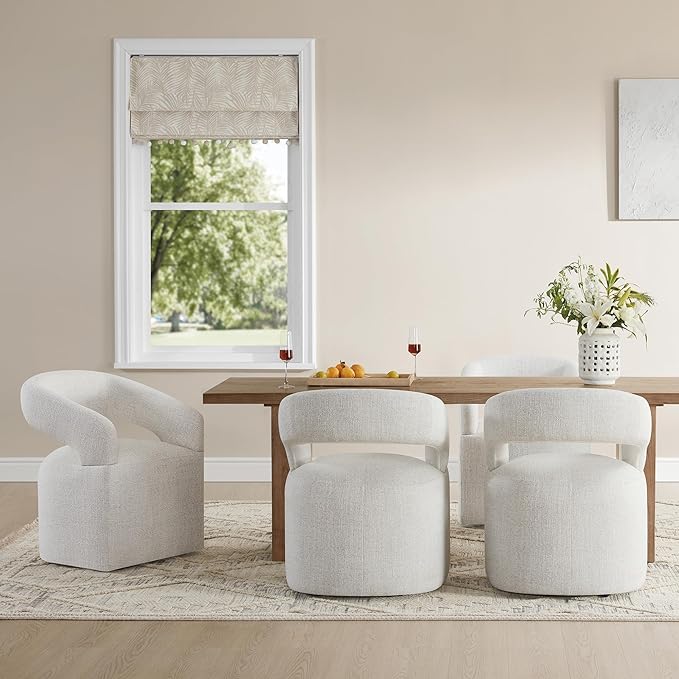 KISLOT Upholstered Dining Chairs with Casters, Modern Barrel Side Armchair with Rollers for Dining Room, Bedroom, Kitchen, Reading Room, Beige, Set of 1