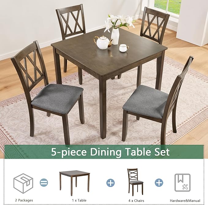 5-Piece Dining Table Set for 4 People, Wooden Kitchen Table and Chairs Set of 4, Farmhouse Rustic Style Dining Room Table Set for Kitchen and Dining, Dark Walnut