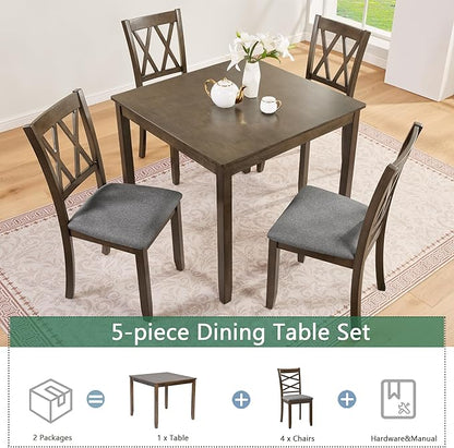 Elegant 5-Piece Wooden Dining Table Set with 4 Upholstered Chairs, Modern Dining Table Set for 4 People, Kitchen Table and Chairs Set of 4 for Dining Room, Walnut