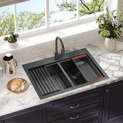 MILOSEN 33 Inch Black Double Bowl Kitchen Sink, 33''x22'' Drop in 16 Gauge T304 Black Stainless Steel Sinks, Workstation Sink 50/50 Topmount Double Basin with Accessories, 10'' Deep and Large Sinks