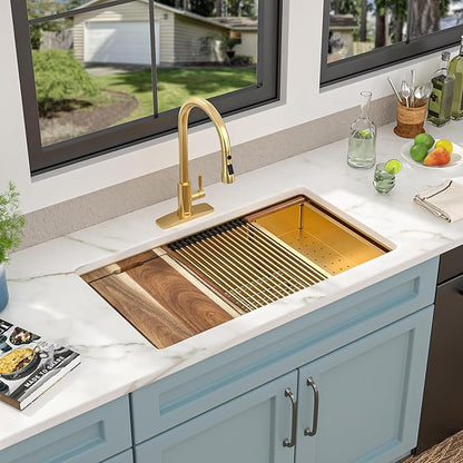 30 Undermount Kitchen Sink Gold - Fulorni 30"x19" Kitchen Sink Brushed Gold NANO-PVD Ledge Workstation 16 Gauge 304 Stainless Steel Under Counter Single Bowl Basin