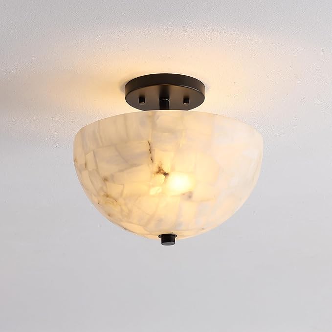 JONATHAN Y 12" White Marbling/Black Modern 2-Light LED Semi Flush Mount Light, Inverted Dome Ceiling Fixture with White Alabaster Shade for Bedroom, Hallway, LED Bulbs Included (JYL1205B)