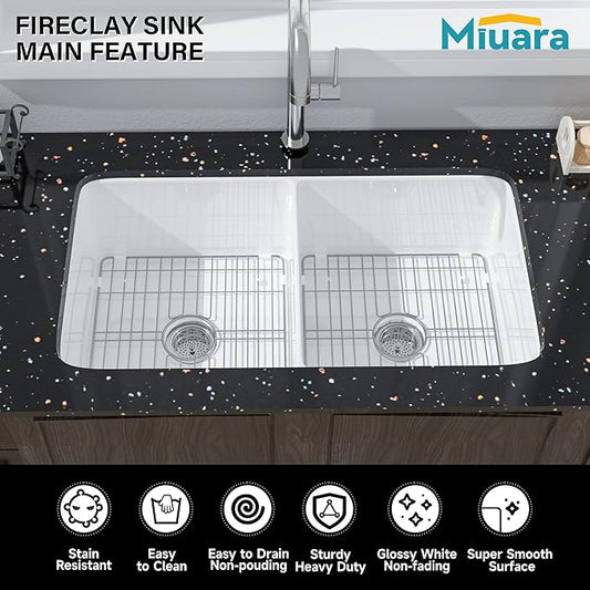 Miuara White Undermount Kitchen Sink 32 Inch Double Bowl 50/50 - Topmount Fireclay Drop In Sink 32"x19"x10", Dual Mount, Heavy Duty Dual Basin, with 4 Custom Accessories, Glossy White, for Kitchen