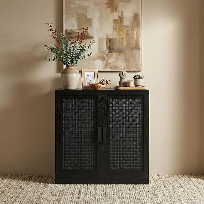 Casaphoria Adam Sideboard Buffet Cabinet with Storage, Sideboard Cabinet with Rattan Doors & Adjustable Shelves, 31" W x 36" H Coffee Bar for Entryway Kitchen Living Room, Black