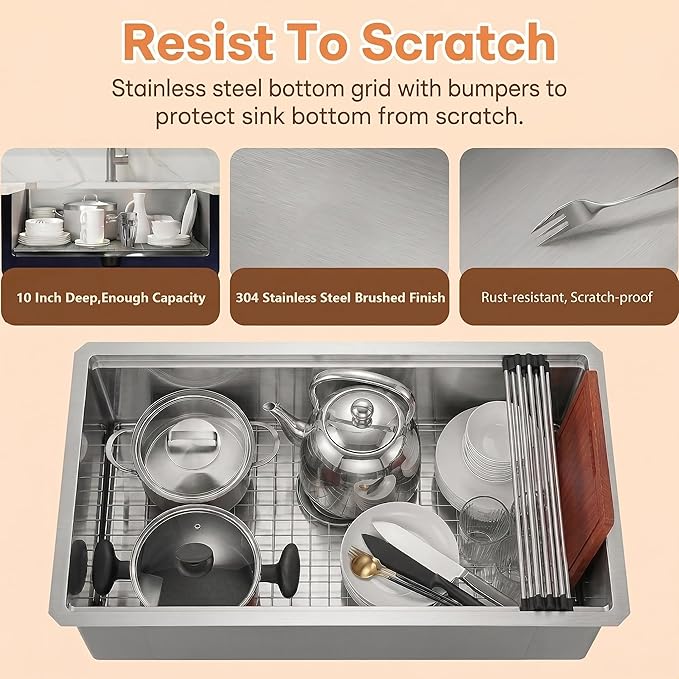 Undermount Kitchen Sink,16 Gauge T-304S Stainless Steel Workstation Sink with Accessories, 28" x 18" x 10" Deep Single Bowl Kitchen Sink for Kitchen,Outdoor and Bathroom