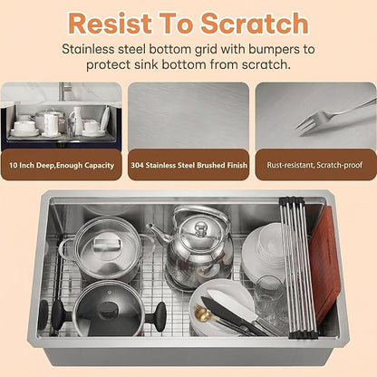 Undermount Kitchen Sink,16 Gauge T-304S Stainless Steel Workstation Sink with Accessories, 28" x 18" x 10" Deep Single Bowl Kitchen Sink for Kitchen,Outdoor and Bathroom
