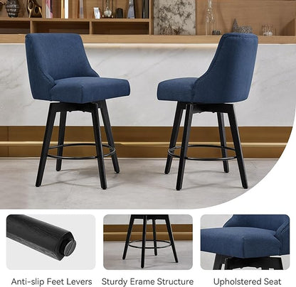 Counter Height Bar Stools Set of 3, Swivel Barstools with Backs and Wood Legs, Linen Fabric Upholstered Counter Stools for Kitchend Island, Mid-Century Modern 26" Seat Height Bar Chairs, Blue