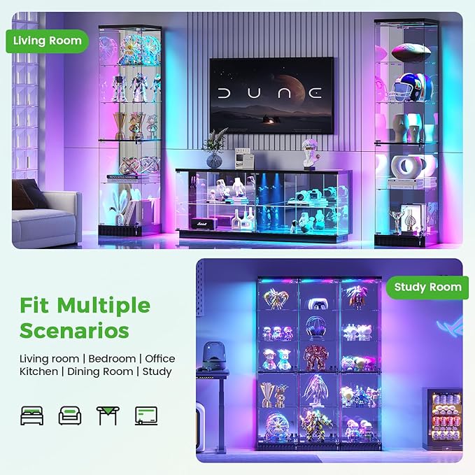 HNEBC 6-Tier Shelf with Glass Door, LED Display Case with RGB Lights& Motion Sensor, Lockable Curio Cabinet for Collectibles,Bookcase,China Cabinet-Black