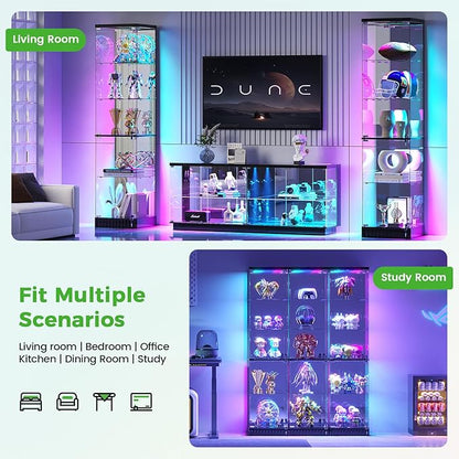 HNEBC 6-Tier Shelf with Glass Door, LED Display Case with RGB Lights& Motion Sensor, Lockable Curio Cabinet for Collectibles,Bookcase,China Cabinet-Black