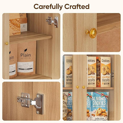 70.8" Farmhouse Kitchen Pantry Cabinet with Glass Doors, Modular Storage Cabinet with 6-Tier Adjustable Shelves, Large Storage Cabinet for Kitchen or Living Room, Set of 3, Brown