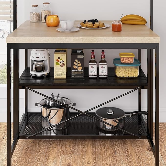 CABIHOME 42" Multi-Functional Kitchen Island with Storage – Heavy-Duty Wood & Metal Design, Microwave Shelf, 3-Tier Shelves, 5 Hooks, Coffee Bar Convertible (42"x28"x72")