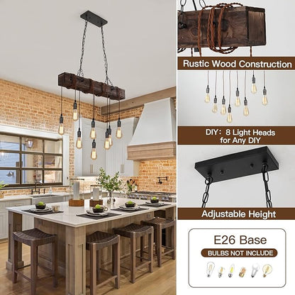 KEESFU 8-Lights Rustic Chandeliers for Dining Room, Farmhouse Wooden Ceiling Pendant Light, Height Adjustable, Rectangle Chandelier for Kitchen Island Dining Room Bar Pool Table Cabin.