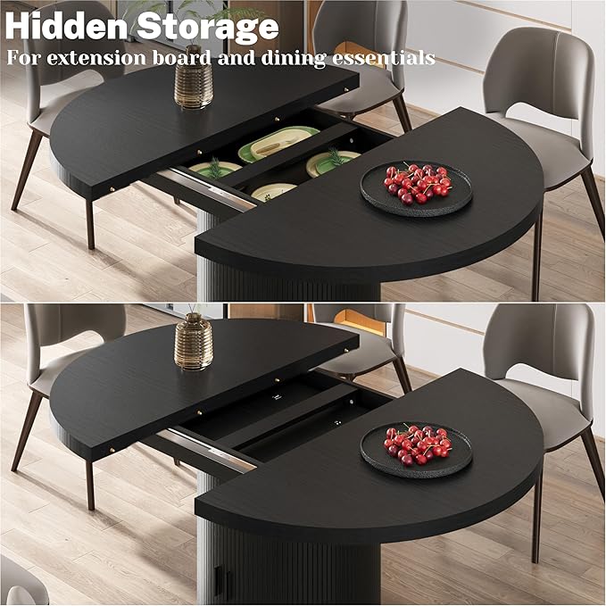 Dining Table for 4-6-8, 43-59" Extendable Round Dining Room Kitchen Table with Storage Shelf, Space Saving Expandable Wood Oval Circle Dinner Table with Pedestal Base for Kitchen Living Room (Black)