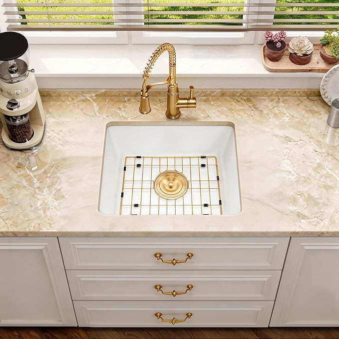 Kitsitchen 15 Inch Small White Bar Sink, Undermount Bar Sink Granite Composite Kitchen Sink 15" x 15", Quartz Stone Kitchen Sink with a Gold Sink Drain Strainer & a Gold Sink Bottom Grid