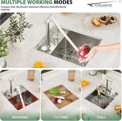 13x15 Inch Outdoor Sink Undermount RV Sink Workstation 16 Gauge Stainless Steel Single Bowl Handmade Concealed Outdoor Kitchen Sinks With Folding Faucet 13"x15"x9"