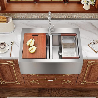Rhbamoa 30 Inch Double Farmhouse Sink,16-Gauge T304 Stainless Steel Drop In Farm Sink,50/50 Topmount Double Bowl Apron Front Farm Sinks,10 Inch Deep Workstation Sinks with All Accessories