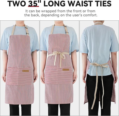 NLUS 2 Pack Cooking Aprons for Women with Pockets, Adjustable Kitchen Bib Aprons Chef Aprons for Women Men(Red Pinstripes)