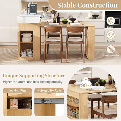 Extendable Dining Table with Folding Tabletop, Bar Table with Drawers and Power Outlet, Rolling Kitchen Island with Wheels and Hooks, Sideboard for Dining Room (Natural+Creamy White)