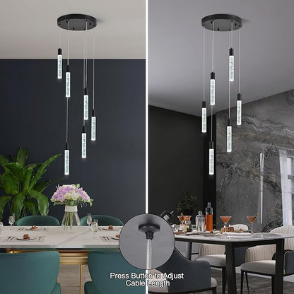 6 Light Pendant Lights Kitchen Island,Modern LED Bubble Crystal Pendants with Dimmable 3000K-6000K Ceiling Hanging Light Fixture for Dining Room Bedroom,Matte Black Finish,Adjustable Height 78"