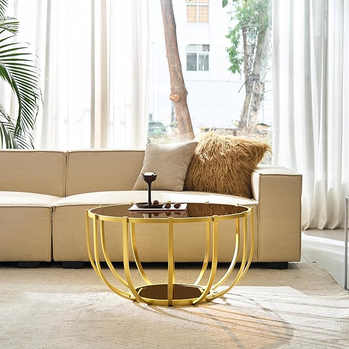 Saint Mossi 30" Glass Round Coffee Table for Living Room, Mid Century Modern 2-Tier Gold Drum Center Table, Brown Glass Top, Brown Mirror Shelf and Gold Frame, W30xH16.5