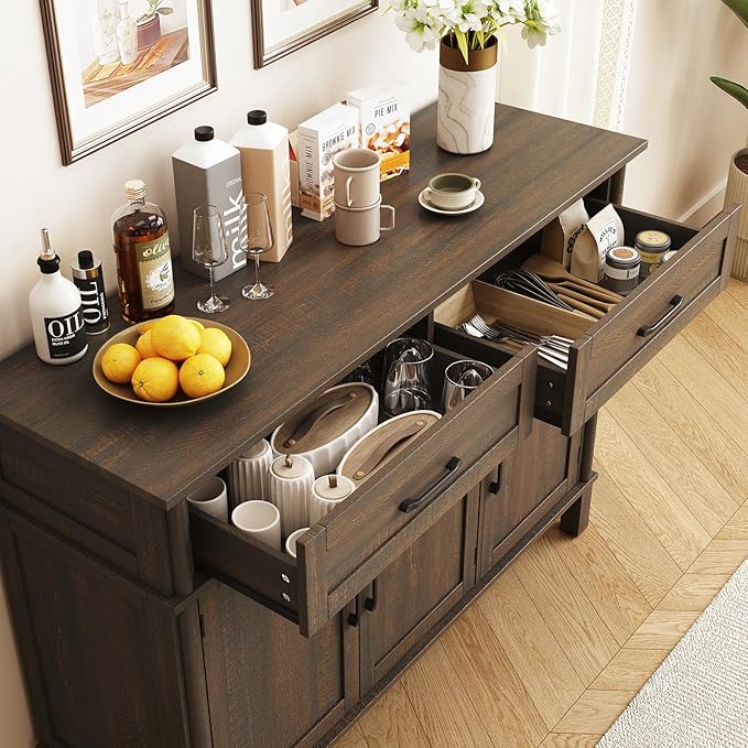 ONBRILL 48 Inches Buffet Cabinet with Storage, Farmhouse Sideboard Buffet w/2 Drawers and 3 Doors, Wood Coffee Bar Cabinet with Adjustable Shelves, Sideboard Storage for Kitchen, Living Room, Brown