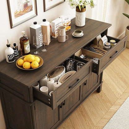 ONBRILL 48 Inches Buffet Cabinet with Storage, Farmhouse Sideboard Buffet w/2 Drawers and 3 Doors, Wood Coffee Bar Cabinet with Adjustable Shelves, Sideboard Storage for Kitchen, Living Room, Brown