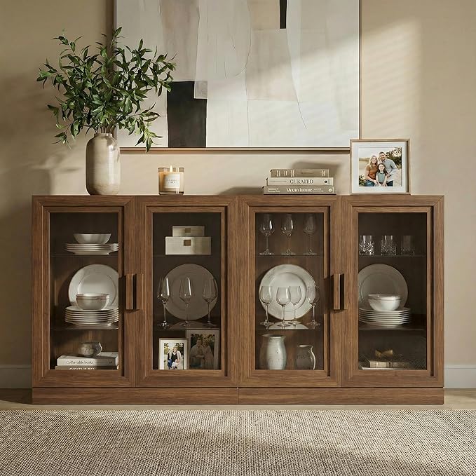 Casaphoria Adam Sideboard Buffet Cabinet with Storage, Display Cabinet with Glass Doors & Adjustable Shelves, 62" W x 36" H Buffet Cabinet for Entryway Kitchen Living Room, Walnut