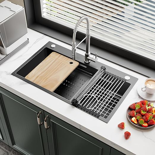 YITAHOME Kitchen Sink Gunmetal Black Stainless Steel Drop-In Sinks, Top Mount Single Bowl Basin with Accessories, Household Nano Sinks for Workstation, RV, Prep Kitchen, and Bar Sink, 32 x 18 x 10in
