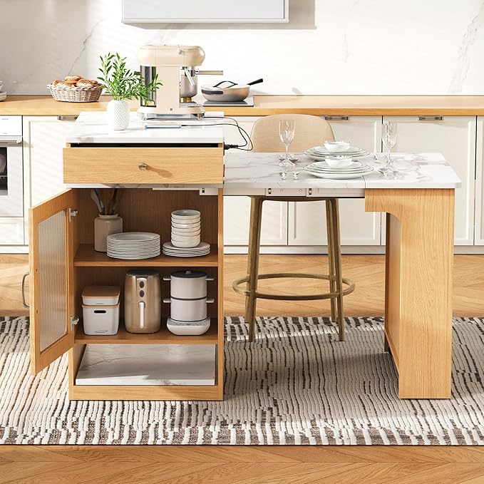 59.5" Kitchen Island with Extendable Dining Table,Double-Sized Storage,2 Drawers, Power Outlet, Side Open Shelves,for Kitchen Dining Room (Natural#2)