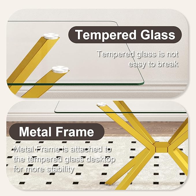 Dining Table Modern Tempered Glass Dinner Table, Rectangle Kitchen Table with Sturdy Metal Legs, Contemporary Minimalist Design, Ideal for Dining Room, Kitchen, or Small Spaces (Golden, 47.24")