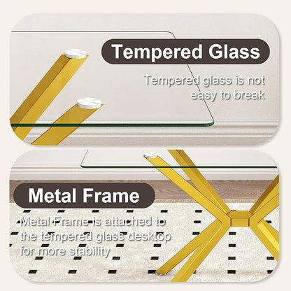 Dining Table Modern Tempered Glass Dinner Table, Rectangle Kitchen Table with Sturdy Metal Legs, Contemporary Minimalist Design, Ideal for Dining Room, Kitchen, or Small Spaces (Golden, 47.24")