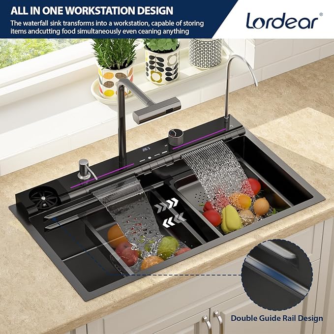 Lordear Drop In Kitchen Sink, 33 inch Black Waterfall Sink 16 Gauge Stainless Steel, Above Counter Smart Kitchen Sinks, Single Bowl with Integrated Control for Powerful Cleaning