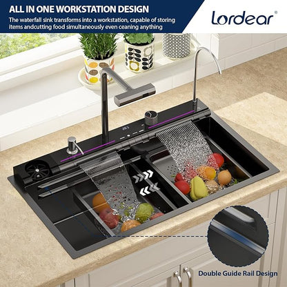 Lordear Drop In Kitchen Sink, 33 inch Black Waterfall Sink 16 Gauge Stainless Steel, Above Counter Smart Kitchen Sinks, Single Bowl with Integrated Control for Powerful Cleaning