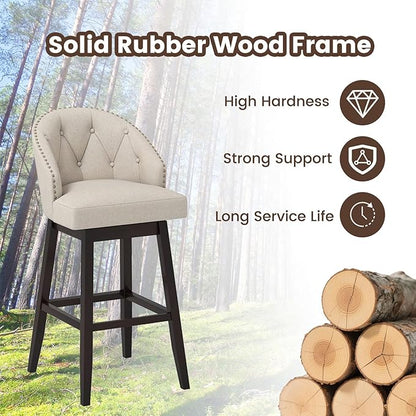 Giantex Modern Upholstered Bar Stools Set of 2, 31" Bar Height Swivel Kitchen Stools w/Button-Tufted Back, Rubber Wood Frame, Rivet Decoration, Linen Fabric Barstools for Counter Island, Cafe, Beige