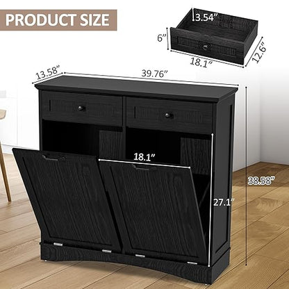 Double Tilt Out Trash Cabinet Freestanding Wooden Garbage Can Cabinet with Hideaway Drawers, 2x13 Gallons Pet Proof Garbage Can Holder for Kitchen Living Room, Dark Black