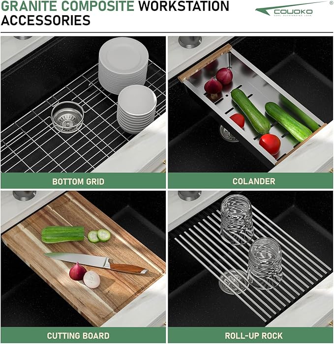 33 Inch Black Undermount Kitchen Sink Workstation - Couoko 33"x19" Black Granite Composite Kitchen Sink Quartz Classic Under Counter Single Bowl Kitchen Sinks Basin with Luxury Accessories