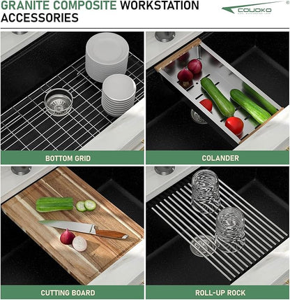 33 Inch Black Undermount Kitchen Sink Workstation - Couoko 33"x19" Black Granite Composite Kitchen Sink Quartz Classic Under Counter Single Bowl Kitchen Sinks Basin with Luxury Accessories