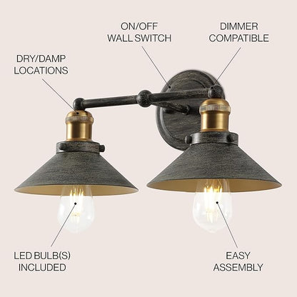 JONATHAN Y 17.5" Rustic Dark Gray/Brass Gold 2-Light Industrial Farmhouse Metal Vanity Light Wall Sconce, Metal Shade for Bathroom Mirror, Kitchen, Entryway, LED Bulb Included (JYL7427D)