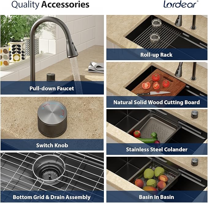 Lordear 33 Inch Gunmetal Black Kitchen Sink With Waterfall Faucet Undermount Kitchen Sinks Workstation Stainless Steel T304 16 Gauge Single Bowl NANO-PVD Handmade Under Counter 33x17x10 Inch